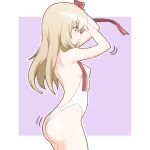  1girl ass atair bangs bare_arms bare_shoulders blush breasts clothing_request commentary_request eyebrows_visible_through_hair fate/kaleid_liner_prisma_illya fate_(series) from_side frown highleg illyasviel_von_einzbern long_hair pink_background red_eyes red_ribbon ribbon simple_background small_breasts solo two-tone_background wedgie white_background 