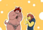  2012 anthro balls belly bulge canid canine canis clothing domestic_dog duo eyes_closed genitals hi_res humanoid_hands kemono male mammal overweight overweight_male shirt simple_background suishou0602 topwear underwear 