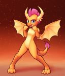  2020 3_toes absurd_res ambiguous_gender anthro dragon fangs featureless_crotch friendship_is_magic hi_res horn looking_at_viewer membrane_(anatomy) membranous_wings my_little_pony nude ohemo open_mouth smolder_(mlp) solo spread_wings toes wings 