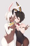  2girls absurdres animal_ears artist_name asymmetrical_docking bandaid bandaid_on_pussy black_legwear black_leotard breast_press breasts bunny_ears bunny_girl bunnysuit closed_mouth commentary_request copyright_request cowboy_shot dark_skin detached_collar eyebrows_visible_through_hair fake_animal_ears grey_background heart heart-shaped_pupils heart_hands heart_hands_duo highres jitome leotard looking_at_viewer meme_attire multiple_girls navel piercing red_nails red_neckwear reverse_bunnysuit reverse_outfit short_hair shrug_(clothing) siblings signature simple_background small_breasts standing star-kiss symbol-shaped_pupils tan tongue tongue_out tongue_piercing twins v white_legwear wrist_cuffs yellow_nails yellow_neckwear 