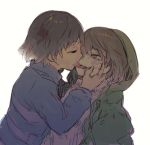  2others androgynous brown_hair chara_(undertale) closed_eyes frisk_(undertale) hood hoodie licking multiple_others open_mouth oshiruko_(tsume) shirt short_hair simple_background sketch storyshift striped striped_shirt striped_sweater sweater 