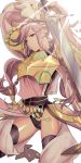  1girl absurdres black_legwear braid breastplate closed_mouth fingerless_gloves fire_emblem fire_emblem_awakening fire_emblem_heroes gloves highres holding holding_sword holding_weapon long_hair olivia_(fire_emblem) pink_eyes pink_hair ponytail simple_background solo sou_mei sword thighhighs twin_braids weapon white_background 