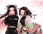  2girls :d ^_^ animal_print belt belt_buckle black_hair black_pants black_shirt buckle butterfly_hair_ornament butterfly_print buttons calon cherry_blossoms closed_eyes gradient_hair hair_intakes hair_ornament hair_ornament_removed hakama_pants haori highres japanese_clothes kimetsu_no_yaiba kochou_kanae kochou_shinobu long_hair long_sleeves medium_hair multicolored_hair multiple_girls open_mouth pants petals pink_eyes purple_hair shirt siblings sidelocks sisters smile very_long_hair white_belt 