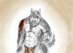  2012 anthro barazoku blood bodily_fluids bulge canid canine canis clothing genital_outline hi_res humanoid_hands kemono loincloth male mammal muscular pecs penis_outline scar solo suishou0602 wolf 