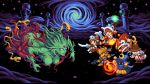  battle black_mage casting_spell column dragoon_(final_fantasy) everyone fighting_stance final_fantasy final_fantasy_iii highres knight_(final_fantasy) mage night open_hands pillar pixel_art pixelflag red_mage swirling white_mage 