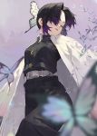  1girl belt black_hair blurry bug butterfly butterfly_hair_ornament character_request closed_eyes depth_of_field from_below hair_ornament highres insect kimetsu_no_yaiba looking_away mossi multicolored_hair parted_lips purple_background purple_hair short_hair solo 