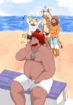  2012 angry anthro beach belly blush bulge canid canine canis clothing domestic_dog felid group hi_res humanoid_hands kemono lion male mammal moobs outside overweight overweight_male pantherine seaside sitting suishou0602 swimwear water 