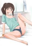  1girl barefoot bed blush brown_eyes brown_hair commentary_request curtains highres jewelry looking_at_viewer medium_hair mizu_kane ogino_chihiro open_mouth sen_to_chihiro_no_kamikakushi shirt short_shorts shorts smile solo studio_ghibli sweat translation_request unzipped window 