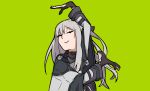  1girl absurdres ak-12_(girls_frontline) closed_eyes eizouken_ni_wa_te_wo_dasu_na! girls_frontline gloves green_background highres long_hair parody pose rlin silver_hair smile solo 