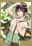 1girl :d arm_up bag bangs belt_buckle blue_eyes blush border breast_pocket brown_border brown_hair buckle chair collarbone collared_shirt cowboy_shot earrings eyebrows_visible_through_hair fang green_shorts grey_shirt hand_on_forehead handbag highres jewelry looking_at_viewer mosuko open_mouth original outside_border plant pocket shirt short_hair short_sleeves shorts shoulder_bag smile solo table 