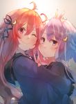  2girls ;) ahoge akicosmossakasa black_serafuku crescent crescent_hair_ornament hair_ornament hair_ribbon highres hug kantai_collection long_hair long_sleeves looking_at_viewer low-tied_long_hair multiple_girls one_eye_closed pink_eyes purple_hair red_hair ribbon school_uniform serafuku short_hair smile uzuki_(kantai_collection) v very_long_hair yayoi_(kantai_collection) 