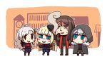  1boy 3girls blue_eyes braid brown_eyes brown_gloves brown_hair cape cheekbones cigar cloak demon_tail fate/grand_order fate_(series) fur-trimmed_cloak fur_trim gloves gray_(lord_el-melloi_ii) grey_cape grey_hair grin highres hood hood_up hooded hooded_cape hooded_cloak l.n lord_el-melloi_ii lord_el-melloi_ii_case_files multiple_girls older olga_marie_animusphere reines_el-melloi_archisorte riyo_(lyomsnpmp)_(style) short_hair side_braid smile smug stole tail tilted_headwear waver_velvet white_hair younger 