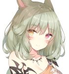  1girl animal_ears ayuanlv bare_shoulders breasts cat_ears cleavage collarbone facial_mark final_fantasy final_fantasy_xiv green_hair heterochromia jewelry long_hair looking_at_viewer medium_breasts miqo&#039;te necklace profile red_eyes simple_background slit_pupils smile solo tattoo white_background yellow_eyes 