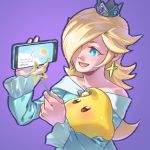 1girl aqua_dress blonde_hair cellphone chiko_(mario) crown dress earrings hair_over_one_eye jewelry mario_(series) open_mouth phone pockypalooza purple_background reading rosalina simple_background smartphone smile star super_smash_bros. wand 
