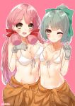  2girls :d ;) absurdres akashi_(kantai_collection) alternate_costume artist_name asymmetrical_docking bikini blush bow breast_press breasts cleavage cowboy_shot eyebrows_visible_through_hair gloves green_eyes green_hair grey_gloves hair_bow hair_ribbon highres jumpsuit kantai_collection large_breasts long_hair looking_at_viewer momiji_(103) multiple_girls navel one_eye_closed open_mouth pink_background pink_hair ponytail ribbon simple_background small_breasts smile swimsuit tress_ribbon white_bikini white_gloves yuubari_(kantai_collection) 