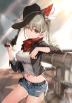  1girl aki_rinco bandana belt bison_cangshu black_headwear black_jacket blue_shorts breasts copyright_request cowboy_hat cowboy_shot crop_top cropped_jacket denim denim_shorts grey_hair grey_shirt gun hair_ribbon hand_up handgun hat highres holding holding_gun holding_weapon jacket large_breasts long_hair long_sleeves looking_at_viewer midriff navel open_clothes open_jacket pistol pouch revolver ribbon shirt short_shorts shorts smile solo standing stomach thighs torn_clothes torn_shirt torn_shorts trigger_discipline twintails virtual_youtuber weapon yellow_eyes 