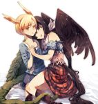  2girls :d atoki bandana bangs bare_shoulders black_hair black_wings blonde_hair blue_shirt boots brown_footwear brown_skirt commentary_request dragon_horns dragon_tail eyebrows_visible_through_hair feathered_wings highres horns kicchou_yachie knee_boots kurokoma_saki long_sleeves multiple_girls off-shoulder_shirt off_shoulder open_mouth parted_lips plaid plaid_skirt shirt short_hair short_sleeves simple_background skirt smile tail thighs touhou white_background wings yellow_eyes yuri 