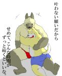  2012 anthro belly bottomwear bulge butt canid canine canis clothing domestic_dog duo eyes_closed hi_res hug japanese_text kemono male male/male mammal shorts simple_background slightly_chubby suishou0602 text underwear white_background 