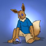  1:1 3_toes 5_fingers after_transformation aggrobadger anthro black_nose blue_background blue_eyes brown_body clothing eevee fingers moon_stone nintendo open_mouth pok&eacute;mon pok&eacute;mon_(species) simple_background smile toes transformation tuft video_games 