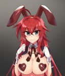  1girl ahoge animal_ears blue_eyes blush breasts bunny_ears cleavage closed_mouth cowfee eyebrows_visible_through_hair fake_animal_ears gloves heart high_school_dxd highres instagram_username large_breasts long_hair looking_at_viewer red_hair rias_gremory smile solo upper_body white_gloves wrist_cuffs 