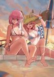  2girls absurdres animal_ear_fluff animal_ears bangs bare_shoulders barefoot bikini bikini_under_clothes blue_bikini breasts cleavage collarbone cup drinking_straw ears_through_headwear fate/grand_order fate_(series) feet ferris_wheel fox_ears fox_girl fox_tail hair_over_one_eye hat highres large_breasts lavender_hair legs lens_flare long_hair looking_at_viewer mash_kyrielight multiple_girls onedoo open_mouth orange_sky parasol pink_hair poolside purple_eyes shirt short_hair sitting sky smile straw_hat sunset swimsuit swimsuit_of_perpetual_summer tail tamamo_(fate)_(all) tamamo_no_mae_(swimsuit_lancer)_(fate) umbrella water wet wet_clothes wet_shirt wet_t-shirt white_bikini yellow_eyes 