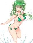  1girl :d armpits arms_at_sides bare_shoulders bikini blue_eyes blush breasts cleavage collarbone cowboy_shot frog_hair_ornament from_side green_bikini green_hair hair_ornament hair_tubes kochiya_sanae leaning_forward long_hair looking_at_viewer looking_to_the_side medium_breasts navel open_mouth side-tie_bikini smile solo stomach swimsuit touhou underboob white_background yonaga_(masa07240) 