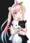  1girl airani_iofifteen arm_scrunchie danganronpa hair_ornament hair_ribbon hairband hairclip highres hololive hug kazenokaze monokuma off-shoulder_sweater off_shoulder one_eye_closed overalls paint_on_face parted_lips pink_hair purple_eyes ribbon side_bun side_ponytail smile sweater upper_body v virtual_youtuber 