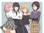  4girls :d :o absurdres arms_behind_back ass asymmetrical_hair bang_dream! bangs bare_shoulders black_camisole black_hair black_ribbon black_skirt blonde_hair blue_background blush border breasts brown_skirt buttons cleavage collarbone commentary_request covered_nipples cowboy_shot crossed_bangs detached_sleeves drop_shadow english_commentary eyebrows_visible_through_hair floral_print frilled_shirt_collar frills green_belt green_eyes grey_skirt hair_between_eyes hair_ornament hand_up hands_on_hips high-waist_skirt highres hug ichigaya_arisa jewelry large_breasts leo_j_low long_hair long_skirt long_sleeves looking_at_viewer low_twintails mixed-language_commentary multiple_girls neck_ribbon necklace no_panties open_mouth pink_eyes pink_hair plaid plaid_skirt purple_eyes purple_skirt ribbon see-through shirokane_rinko shirt shirt_tucked_in short_hair sidelocks simple_background single_sidelock skirt smile standing striped striped_shirt trait_connection twintails uehara_himari vertical-striped_shirt vertical_stripes white_border white_shirt wind wind_lift x_hair_ornament yashio_rui yellow_eyes 
