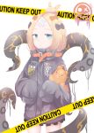  1girl abigail_williams_(fate/grand_order) absurdres bandaid_on_forehead bangs black_bow black_jacket blonde_hair blue_eyes bow breasts caution_tape crossed_bandaids fate/grand_order fate_(series) forehead hair_bow hair_bun heroic_spirit_traveling_outfit high_collar highres jacket keep_out long_hair multiple_bows object_hug orange_belt orange_bow parted_bangs polka_dot polka_dot_bow pupeng sleeves_past_fingers sleeves_past_wrists small_breasts solo stuffed_animal stuffed_toy teddy_bear tentacles thighs white_background 
