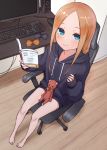  1girl abigail_williams_(fate/grand_order) absurdres bangs blonde_hair blue_eyes book bow bowtie chair commentary_request fate/grand_order fate_(series) highres hood hoodie keyboard_(computer) kopaka_(karda_nui) long_hair looking_at_viewer monitor mouse_(computer) parted_bangs sitting sleeves_past_wrists smile solo speaker stuffed_animal stuffed_toy teddy_bear wooden_floor 