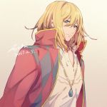  1boy argyle bangs beige_background blonde_hair closed_mouth coat collar collared_coat collared_shirt dated earrings gradient gradient_background grey_eyes high_collar howl_(howl_no_ugoku_shiro) howl_no_ugoku_shiro jewelry long_sleeves looking_at_viewer male_focus medium_hair necklace open_clothes open_coat shirt signature simple_background solo upper_body white_background white_shirt xi_yuu 