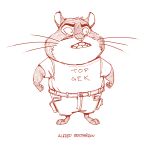  1:1 2020 alfred_seetherson anthro barefoot bottomwear cheek_tuft clothed clothing english_text facial_tuft head_tuft mammal monochrome pants red_and_white rodent samur_shalem shirt simple_background solo standing t-shirt text topwear tuft whiskers white_background 