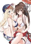  2girls :d arm_up ass asymmetrical_docking back bare_shoulders barefoot baseball_cap bikini blonde_hair blue_bikini blue_eyes blue_headwear blush breast_press breasts brown_hair butt_crack character_name cleavage closed_mouth clothes_writing collarbone commentary_request hair_intakes hand_on_headwear hat headgear high_ponytail highres holding holding_umbrella iowa_(kantai_collection) kantai_collection knee_up large_breasts long_hair multiple_girls muteki_soda navel open_mouth oriental_umbrella red_eyes sarong sidelocks simple_background sitting smile star star-shaped_pupils swimsuit symbol-shaped_pupils thigh_strap umbrella very_long_hair white_background white_bikini yamato_(kantai_collection) yokozuwari 