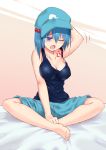  1girl arm_up bangs bare_arms barefoot bed_sheet blue_eyes blue_hair blue_headwear blush breasts cleavage covered_nipples eyebrows_visible_through_hair full_body hair_between_eyes hair_bobbles hair_ornament hat kawashiro_nitori large_breasts one_eye_closed open_mouth scratching_head short_hair shorts sitting solo tank_top tears touhou two-tone_background two_side_up yawning yonaga_(masa07240) 