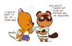  aloha_shirt angry animal_crossing anthro apron blush canid canine clothing crazy_redd crossed_arms dialogue duo english_text ex fox male male/male mammal mikecatsu nintendo raccoon_dog tanuki text tom_nook_(animal_crossing) video_games 