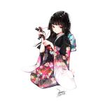 1girl bangs black_hair black_kimono blunt_bangs closed_mouth dated ejami enma_ai hime_cut japanese_clothes jigoku_shoujo kimono long_hair looking_at_viewer red_eyes signature simple_background sitting solo white_background 