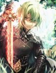  1boy backlighting black_gloves blurry_foreground byleth_(fire_emblem) byleth_(fire_emblem)_(male) closed_mouth day fire_emblem fire_emblem:_three_houses gloves green_eyes green_hair hair_between_eyes hair_intakes highres holding holding_sword holding_weapon looking_at_viewer male_focus outdoors sitting solo sword tida_2112 weapon 