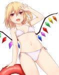  1girl :d arm_up ass_visible_through_thighs bangs bikini blonde_hair breasts commentary flandre_scarlet groin hair_between_eyes highres innertube looking_at_viewer miyo_(ranthath) navel open_mouth red_eyes short_hair side-tie_bikini side_ponytail simple_background small_breasts smile solo swimsuit touhou white_background white_bikini wings 
