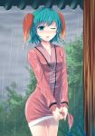  1girl animal_ears blush cloud cloudy_sky collarbone colored_eyelashes dress dripping green_eyes green_hair kasodani_kyouko long_sleeves looking_at_viewer one_eye_closed open_mouth pink_skirt rain short_hair skirt sky solo touhou wet wet_clothes wet_dress wet_hair wringing_clothes yonaga_(masa07240) 