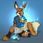  1:1 4_toes 5_fingers aggrobadger anthro black_nose blue_background blue_eyes brown_body clothing eevee fingers light lighting looking_down male nintendo pok&eacute;mon pok&eacute;mon_(species) simple_background sitting toes transformation tuft video_games 