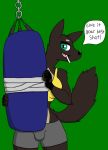  anthro avo_(weaver) brown_body brown_fur canid canine canis english_text female fur hi_res jackal looking_at_viewer mammal pack_street punching_bag shadow713 simple_background smile solo text 