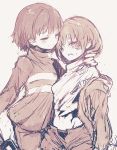  2others androgynous blush chara_(undertale) closed_mouth frisk_(undertale) greyscale groin monochrome multiple_others oshiruko_(tsume) shirt short_hair smile storyshift storyswap striped striped_shirt striped_sweater sweater undertale underwear 