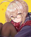  1girl :t artoria_pendragon_(all) black-framed_eyewear blonde_hair blush book braid fate/grand_order fate_(series) french_braid glasses hair_between_eyes highres hood hoodie knees_to_chest leg_hug looking_at_viewer mysterious_heroine_x_(alter) pantyhose plaid plaid_skirt red_scarf scarf semi-rimless_eyewear short_hair skirt solo torino_akua yellow_background yellow_eyes 