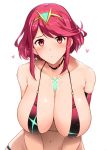  1girl bangs bare_shoulders bikini blush breasts choker cleavage collarbone earrings gem hanging_breasts harukon_(halcon) heart highres homura_(xenoblade_2) jewelry large_breasts leaning_forward looking_at_viewer navel open_mouth red_bikini red_eyes red_hair short_hair sidelocks simple_background solo swept_bangs swimsuit tiara white_background xenoblade_(series) xenoblade_2 