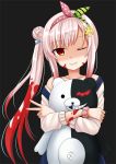  1girl airani_iofifteen arm_scrunchie black_background blood blood_on_face danganronpa dark_persona hair_ornament hair_ribbon hairband hairclip highres hololive hug kazenokaze monokuma off-shoulder_sweater off_shoulder one_eye_closed overalls parted_lips pink_hair red_eyes ribbon shaded_face side_bun side_ponytail simple_background smile sweater upper_body v virtual_youtuber 