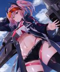  1girl arm_at_side azur_lane bangs belt bikini bikini_under_clothes black_shorts blue_jacket blue_sky bow breasts bremerton_(azur_lane) clothes_writing cloud collarbone commentary commentary_request cowboy_shot dutch_angle eyewear_on_head from_below from_side front-tie_top grey_belt grey_hair hair_between_eyes hair_bow hair_ornament hairclip highleg highleg_bikini highres jacket large_breasts long_hair looking_at_viewer mole mole_under_eye multicolored_hair navel_piercing partial_commentary piercing pink_bikini pink_eyes pink_hair red-tinted_eyewear short_shorts shorts sitting sky smile standing streaked_hair swimsuit thighs tinted_eyewear twintails two-tone_hair two-tone_shirt x_hair_ornament xenonstriker 