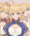  3girls :d ahoge aqua_eyes artoria_pendragon_(all) bangs blonde_hair blue_eyes braid braided_ponytail breasts choker cleavage collarbone eyebrows_visible_through_hair fate/apocrypha fate/extra fate/stay_night fate_(series) green_eyes grey_background hair_between_eyes hair_intakes head_tilt highres jeanne_d&#039;arc_(fate) jeanne_d&#039;arc_(fate)_(all) kmk long_hair looking_at_viewer mall multiple_girls nero_claudius_(fate) nero_claudius_(fate)_(all) open_mouth ponytail saber shiny shiny_hair short_hair simple_background sleeveless smile upper_body 