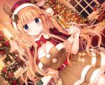  animal_ears bell blue_eyes blush bow breasts cake cape christmas cleavage cosplay cropped date_situation_zukan dress drink flowers food hat horns kimishima_ao long_hair orange_hair saijo_melia santa_hat tree twintails 