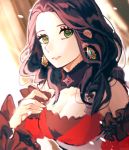  1girl blurry blurry_background breasts brown_hair cleavage dorothea_arnault earrings fire_emblem fire_emblem:_three_houses green_eyes jewelry long_hair looking_at_viewer medium_breasts parted_lips solo tida_2112 upper_body 