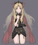  1girl absurdres asymmetrical_sleeves black_leotard black_sleeves blonde_hair bow cape choker cropped_legs diadem earrings ereshkigal_(fate/grand_order) eyebrows_visible_through_hair fate/grand_order fate_(series) floating_hair grey_background hair_bow hair_tubes highleg highleg_leotard highres jewelry kmk leotard long_hair looking_at_viewer red_bow red_cape red_eyes shiny shiny_hair shiny_skin simple_background single_sleeve solo very_long_hair 
